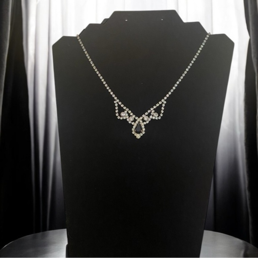 Silver Black Round Rhinestone Bridal Wedding Necklace